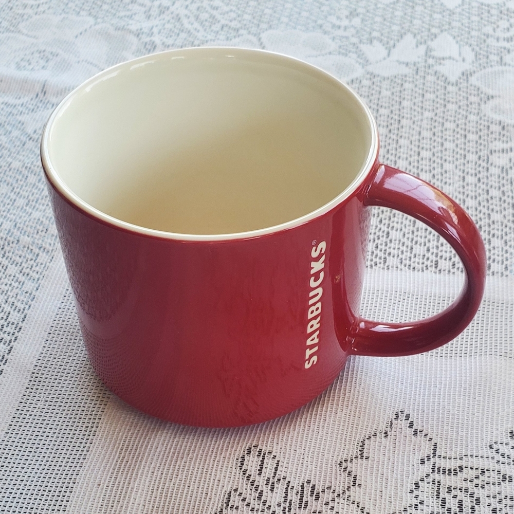 Starbucks 2012 Coffee Mug 14 oz Stackable Red Etch Embossed White Logo Large